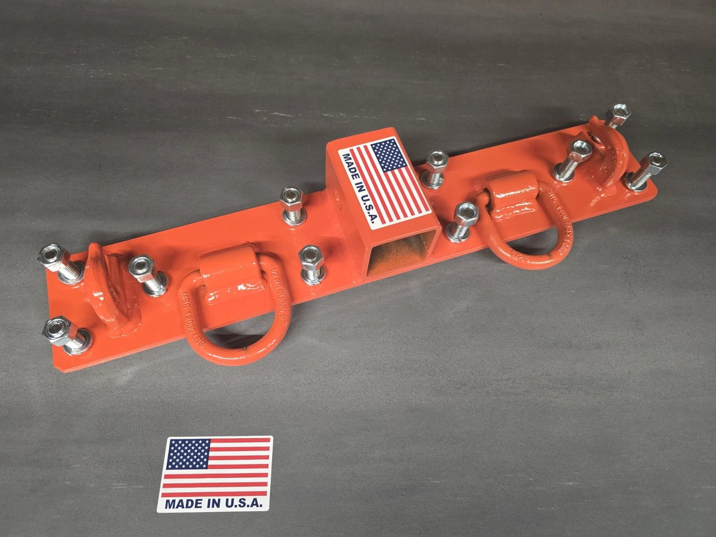 Heavy Duty JD John Deere, Kubota Compact Tractor Bolt on Chain Hooks, D Rings, Receiver - Orange