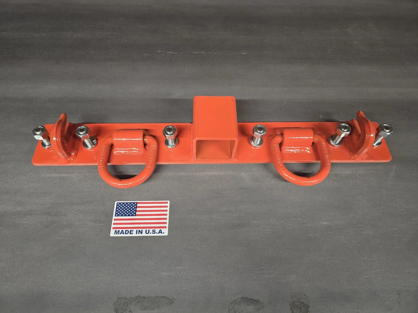 Heavy Duty John Deere, Kubota Compact Tractor Bolt on Chain Hooks, D Rings, Receiver Hitch - Orange