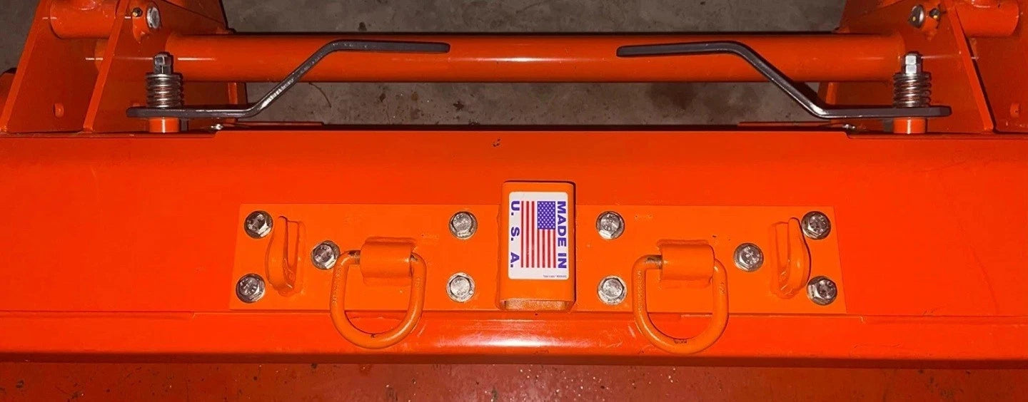 Heavy Duty JD John Deere, Kubota Compact Tractor Bolt on Chain Hooks, D Rings, Receiver - Orange